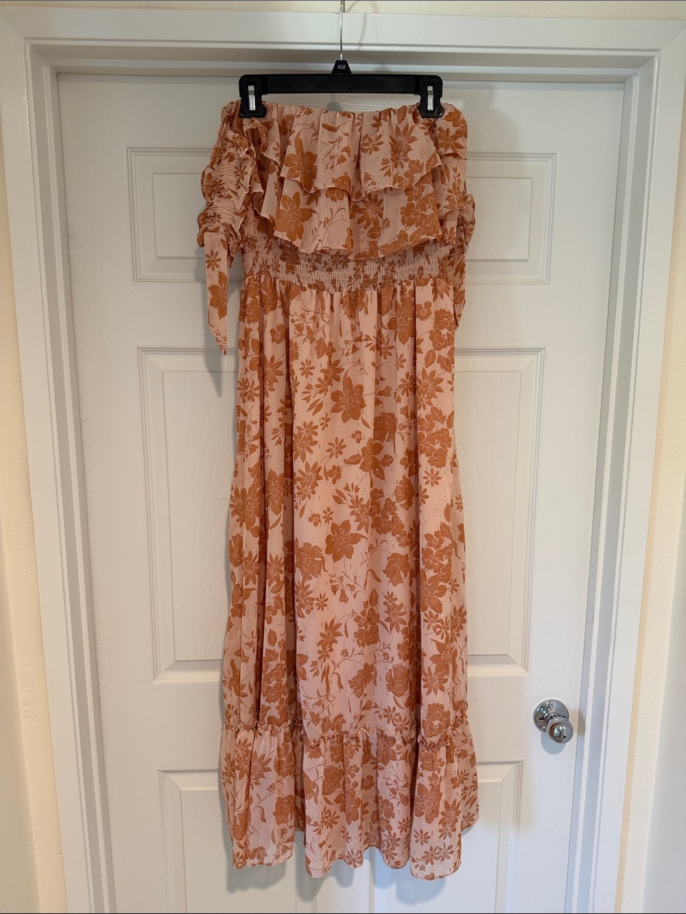 Lulu's Pink Strapless Floral Maxi Dress with Brown Print
